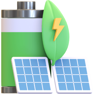 Ikonka 3d duża zielona bateria, dwa małe panele i zielony listek z symbolem prądu