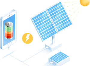 Schemat 3d panel słoneczny, falownik i telefon korzystający z prądu