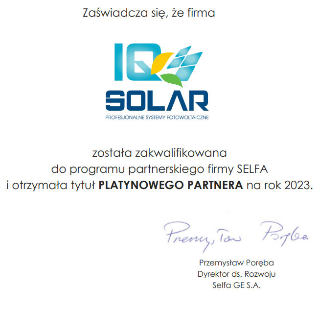 zaświadcza się żę IQSolar jest platynowym partnerem Selfa GE